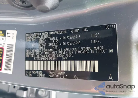 2021 Toyota Highlander Le from USA, damaged, VIN 5TDZZRAH5MS075544